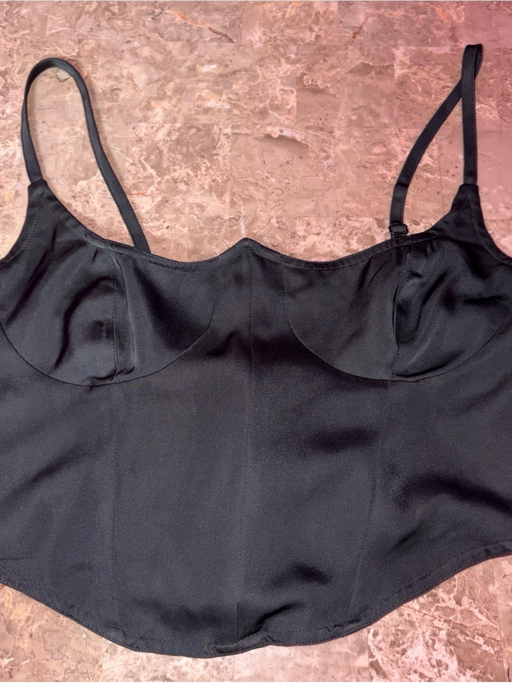 Black Satin Lace Up Cami Top with Built-In Cups